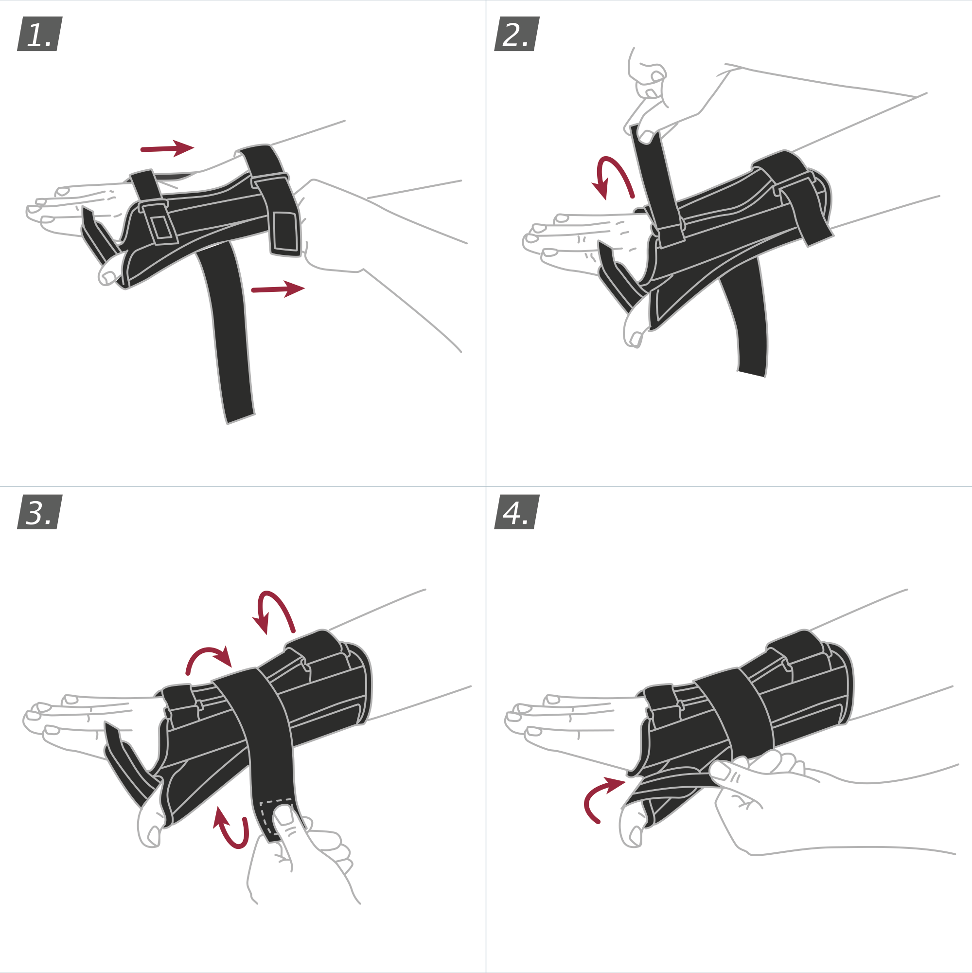 How to put on the Actimove Professional Line Manus Forte Plus Wrist and Thumb Brace: pull the brace over your wrist and close the straps
 How to put on the Actimove Professional Line Manus Forte Plus Wrist and Thumb Brace: pull the brace over your wrist and close the straps